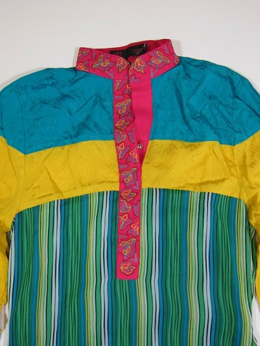 NWT QH Pret Rayon Blue Pink Yellow Long Sleeve Kurta Qurti Tunic Dress Women S - Picture 4 of 11