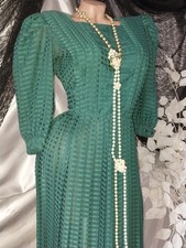VTG SILKY GREEN 1980 Cachet by Bari Protas MIDI Dress Pleats Semi sheer 5/6