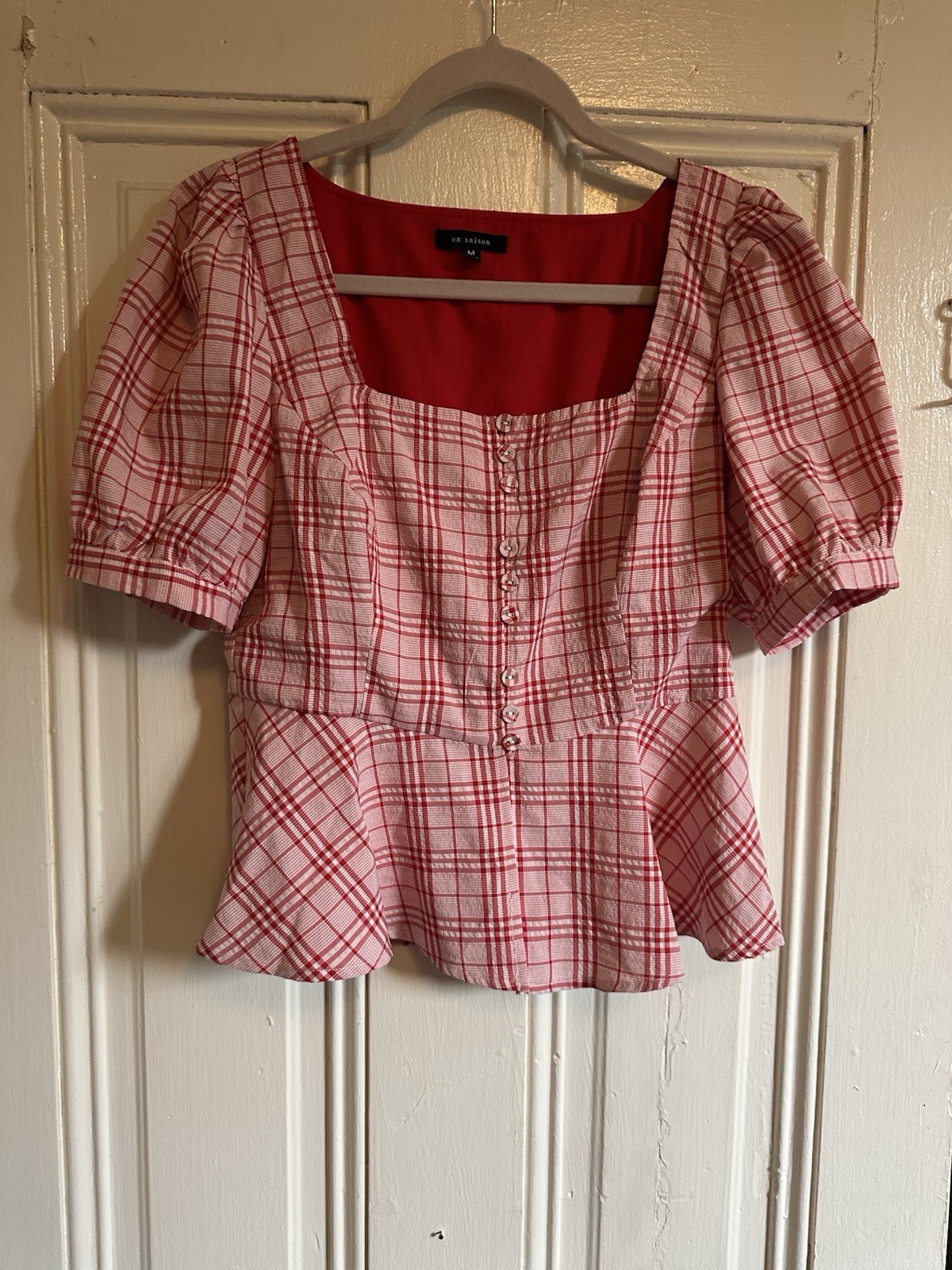 en saison Blouse Top Womens M Red Square Neck Puff Sleeve Babydoll Pinup Couture image 6