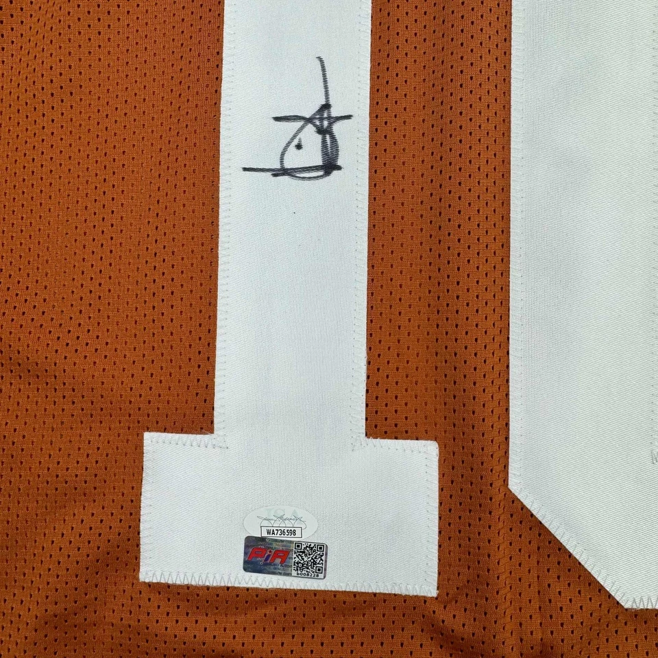 Camiseta de fútbol americano universitario autografiada/firmada Vince Young Texas Orange Stat certificado de autenticidad JSA Foto 3 de 4