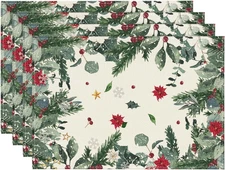 Green Leaves Poinsettia Holly Christmas Placemats Set of 4, 12X18 Inch Seasonal