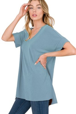 ZENANA) Rolled Short Sleeve Side Slit Hi-Low Hem Top_ Regular and