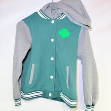 Girl Scouts Varsity Hooded Jacket Green Grey Snap Front Girls Medium 10/12