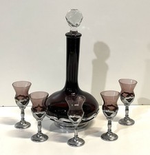 Vintage Farber Brothers Amethyst Krome Kraft Decanter  & 5 Cordial Glasses