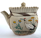 Antique Japanese Maji Banko Ware Mini Teapot w/ Cranes, Strainer, Seal Script