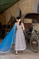 Gosriki Women'S Rayon Blend Printed Anarkali Kurta With Pant & Dupatta (Ritu ...