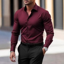 Men's Shirt Business Button Down Shirt Summer Solid Color Long Sleeve Lapel Vaca