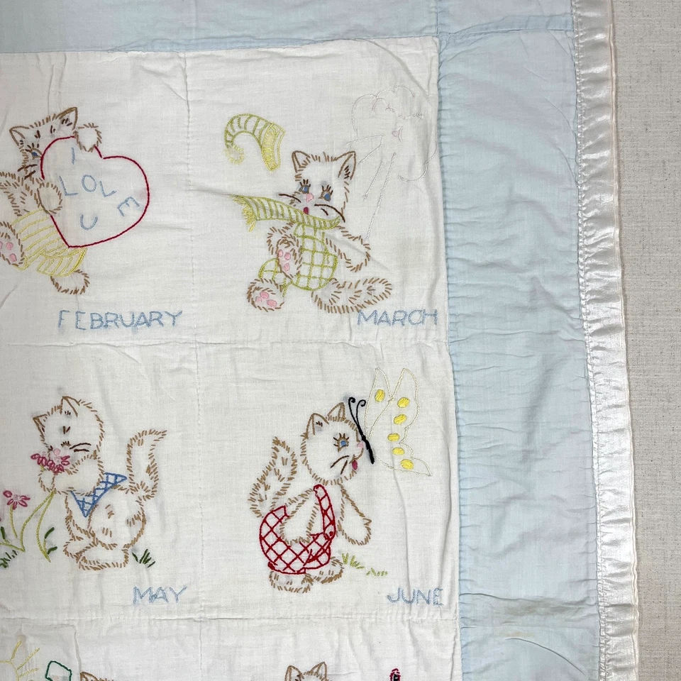 Manta Cuna Bebé Vintage Gatos Gatitos Costura Hecha a Mano Meses del Año Foto 4 de 4