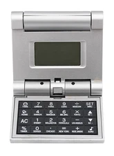 Collapsible Travel Alarm clock, calculator, world time, calendar, 3.5” Folded