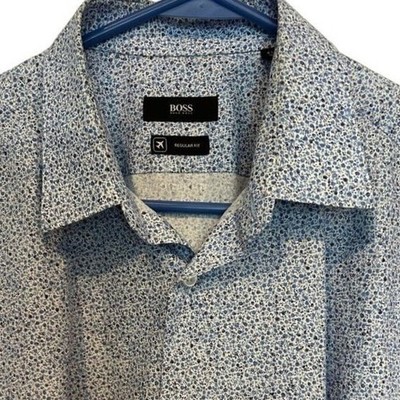 Hugo Boss Button Down Shirt 16 Blue White Micro Floral Regular Fit Long Sleeve