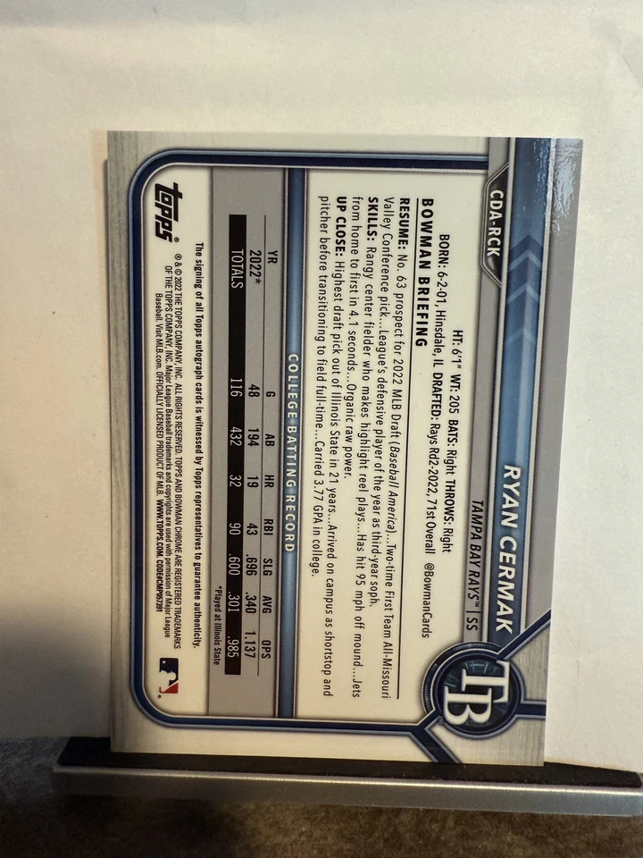 2022 Bowman Chrome Draft RYAN CERMAK 1st Prospect Auto #CDA-RCK Rays - Image 2 of 3