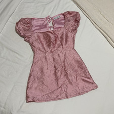 HELLOMOLLY Pink Satin Floral Babydoll Chemise XS Bow Tie Adjustable Straps