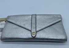 Aimee Kestenberg Metallic Silver Pebble Leather Trifold Envelope Clutch Wallet
