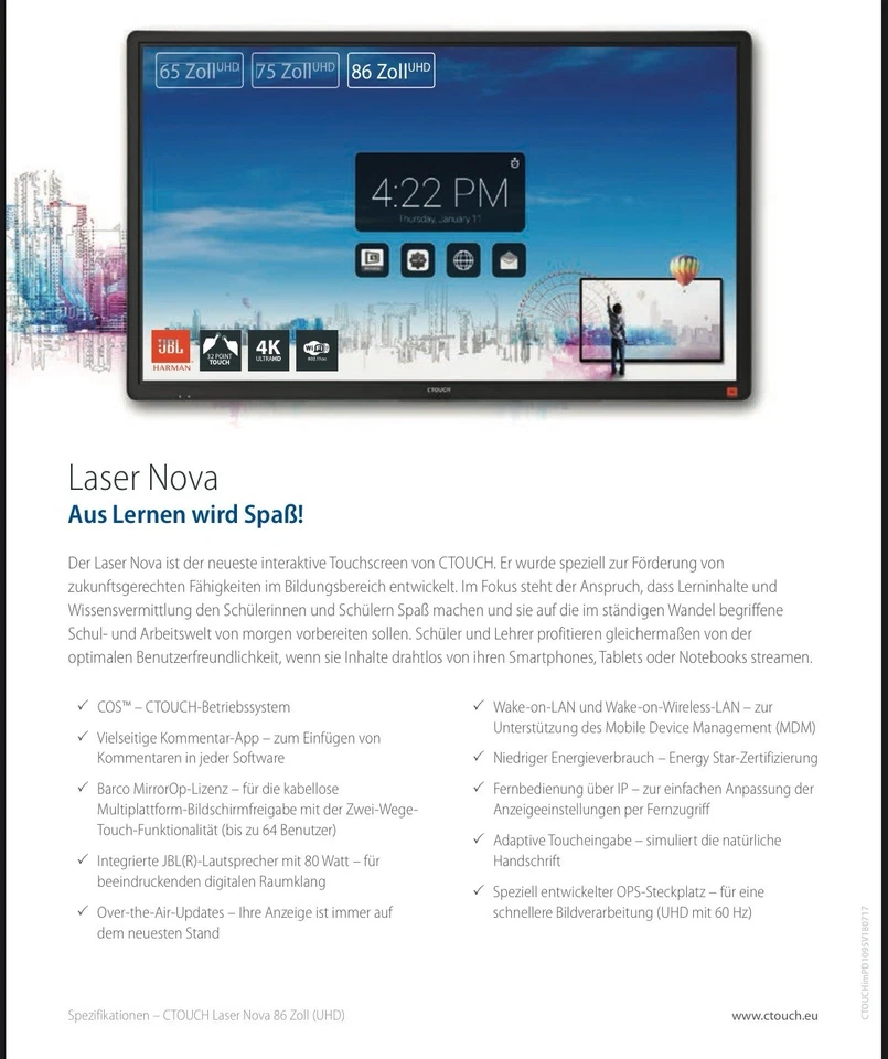 CTOUCH Laser Nova 75” UHD Touchdisplay mit OPS-PC & Rollwagen – Komplettpaket - Bild 2 von 2