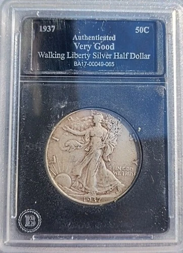 1937 Walking Liberty Half Dollar, 90% Silver Authenticated "Very Good".