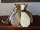 VINTAGE AMBER & CREAM MILK WHITE STAINED GLASS TIFFANY STYLE HANGING SWAG LIGHT