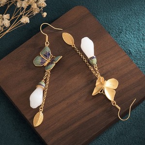 Authentic Jade Bohemian Drop Dangle Earrings Flower Butterfly Gemstone Gold Plated