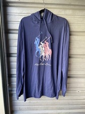Polo Ralph Lauren Big Pony Blue Long Sleeve Hooded T-Shirt Hoodie Men's 2XL