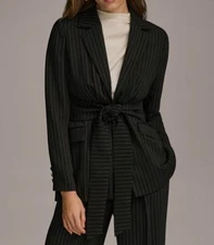 Donna Karan New York Women's Black Pinstripe Tie-Front Blazer Jacket Size 6