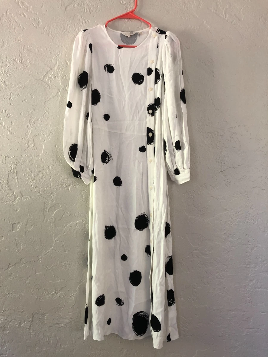 Ted Baker Eliyzza Polka Dot Print Button Up Midi Dress Sz 3 US 8 M Black White