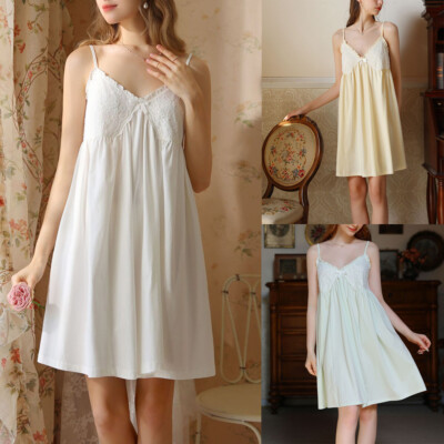 Women's Cotton Cami Nightgown Princess Pjs V Neck Lace Chemise Soft Sleep Dress