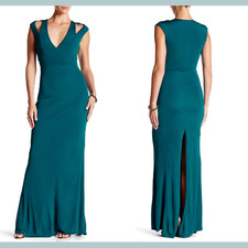NWT $360 ABS by Allen Schwartz [ XS ] Split Deep V-Neck Gown in Peacock F543