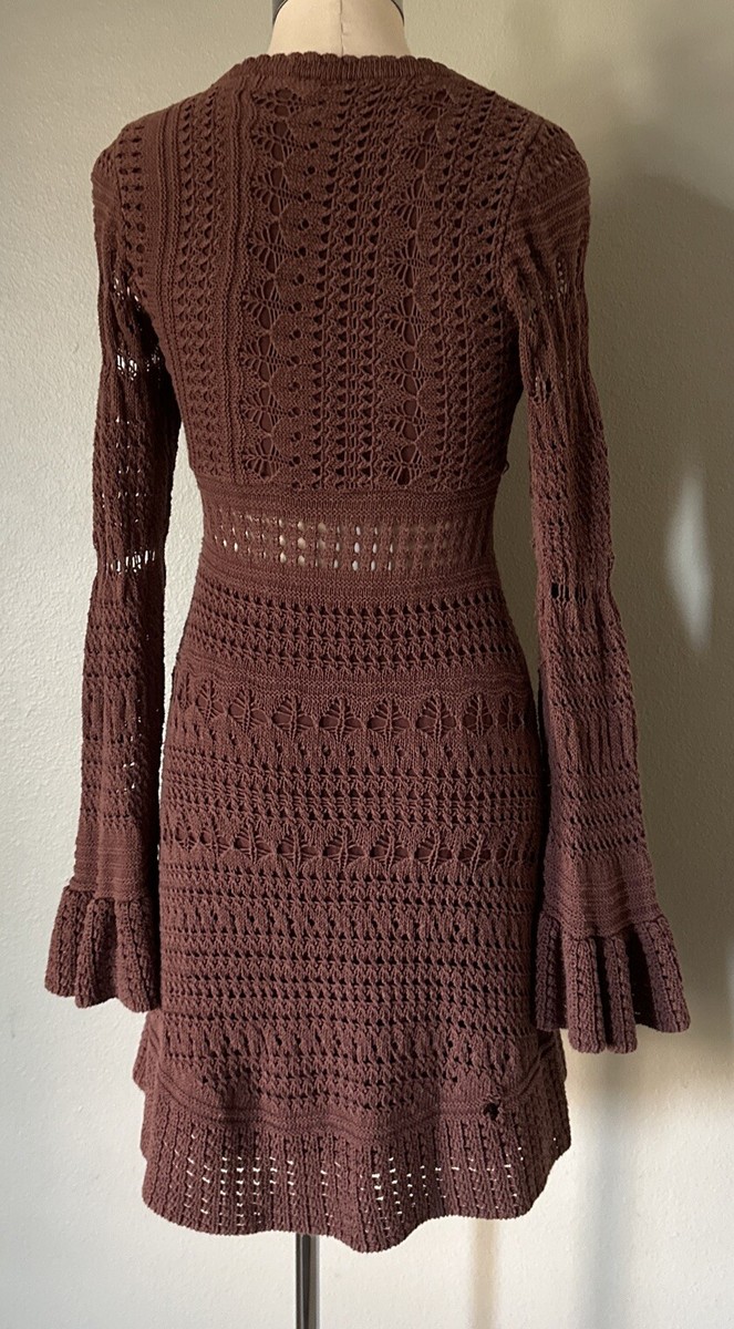 Free People Sedona Crochet Mini Dress Small Taupe Brown Bell Sleeves Lined  | eBay