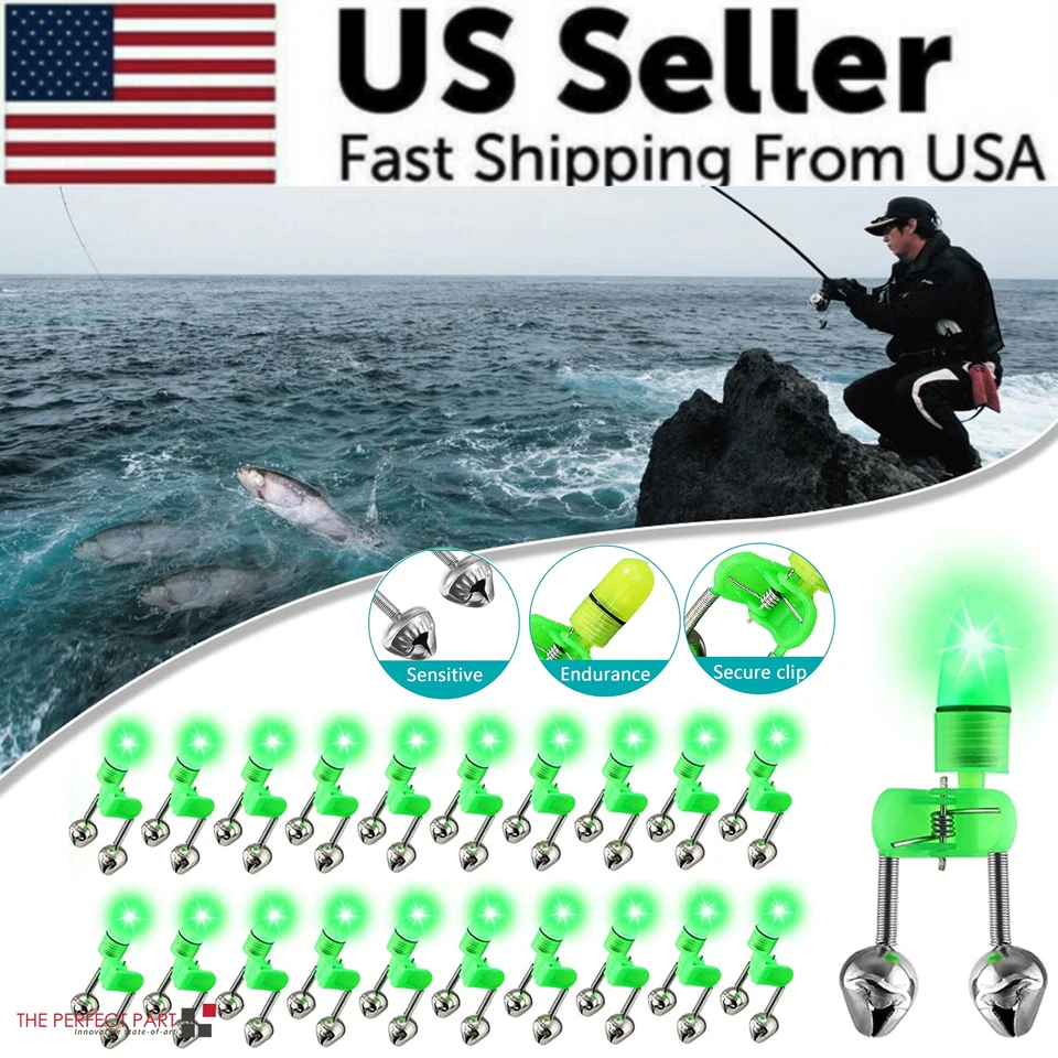 THE PERFECT PART 10/40 PC LED Night Fishing Bite Bait Alarm 2 Bells Light Rod Tip Clip Alert Ring