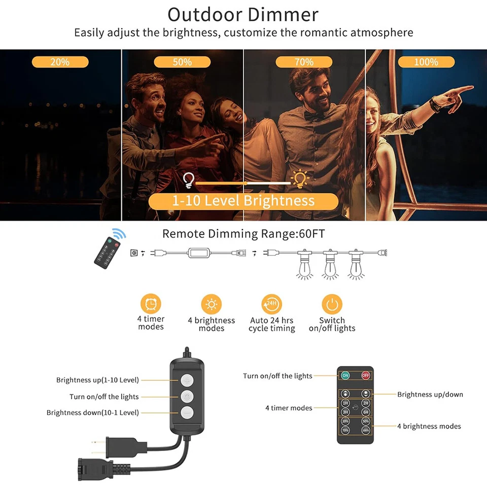 48FT Outdoor String Lights Patio Lights 15 LED S14 Bulb IP65 Waterproof w/Remote - Image 3 of 4