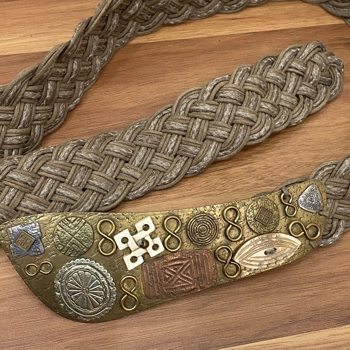 Vintage BAER SF Hammered Mixed Metal Boho Bohemian Woven Braided Belt One Size Vintage Baer SF Belt, Braided, Carved Bone and Hammered  main image 4