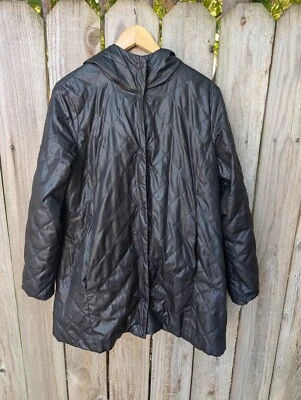 Eileen Fisher Puffer Coat Black Quilted Hooded Polyester Rayon Small Lightweight