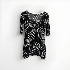 Metro Style Top Kaftan Black Palm Frond Stretch Cinch 3/4 Sleeve Kimono XS