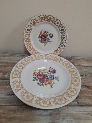 Vintage Set of 2 Plates MEISSEN BOUQUET Czechoslovakia Moritz Zdekauer Gold trim