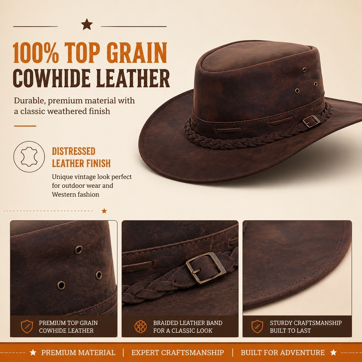 Rustic Leather Hat Cowboy, Cowgirl Hat Western Hat For Men & Women | eBay
