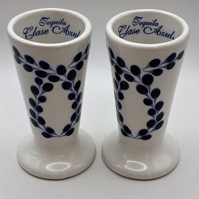 Clase Azul Tequila Ceramic Snifter Shot Glasses Hand Painted Set of 2 Blue White