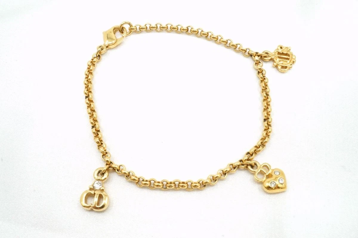 Christian Dior Bracelet Vintage Charm Coeur Strass CD Logo Or 2006j