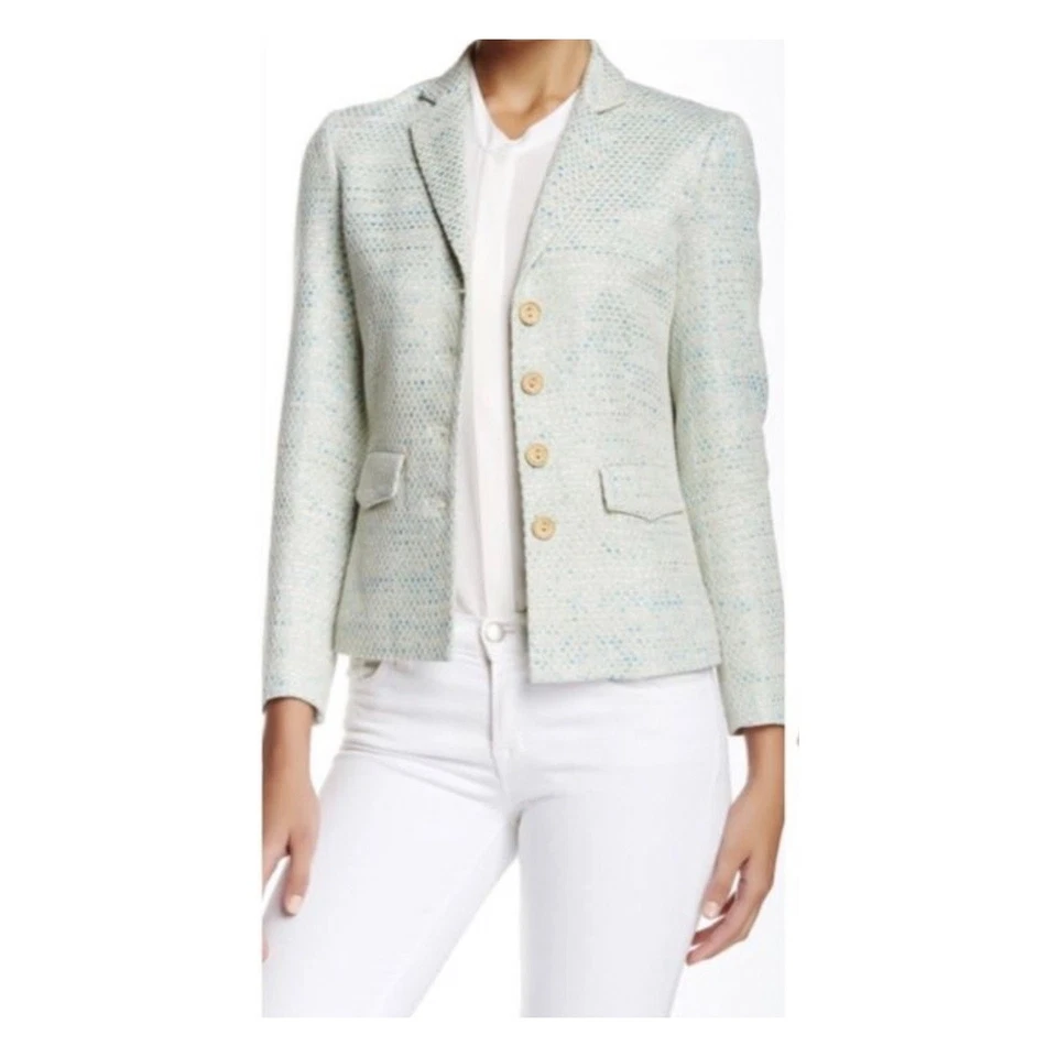 J. McLaughlin Women’s Tweed Lurex Blazer Jacket Size 6 Blue Cream Metallic - Image 2 of 4