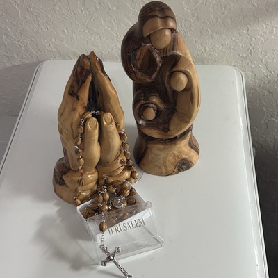 Olive Wood Holy Family Sculpture Figurine, Rosary, And Praying Hands-Jerusalem