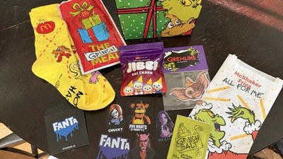 Jack in the box Jibby, Gremlins air freshener, Grinch salt/socks/box, Fanta 