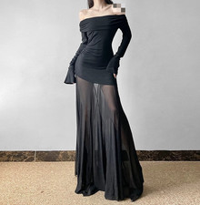 Womens Sheer Mesh Patchwork Long Flare Sleeves Pleated Bodycon Bandeau Dress