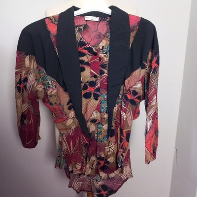 Schmetterling Vintage rot Top Damen Bluse Shirt 1980er schwarz Multi UK Größe 10