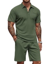 Men's Waffle Knit Polo Shirt and Shorts Set 2 Pieces Outfits Summer Suit Casu...