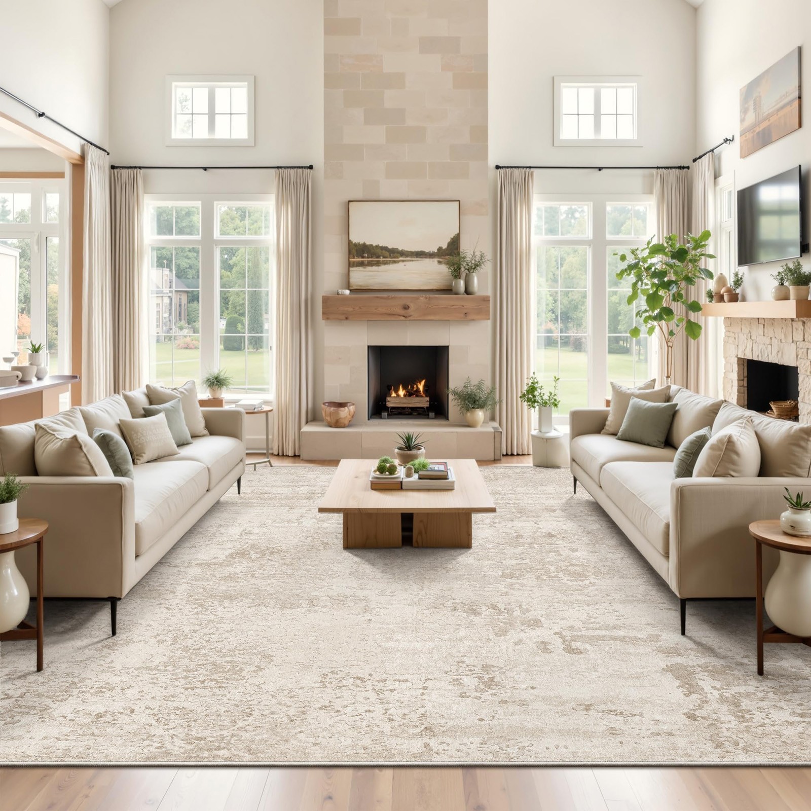 6'x9' Beige Foldable Area Rug,Low Pile Large Soft Rug for Living Room,Bedroom