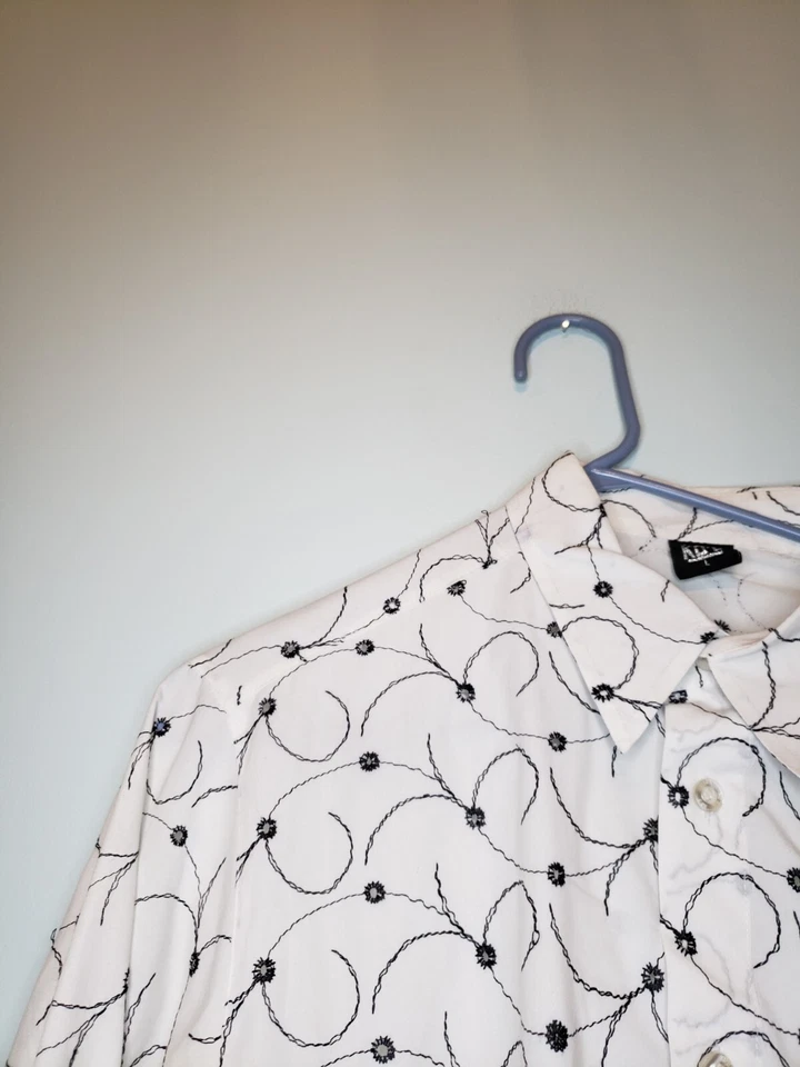 Ko's Мужская рубашка Sz L кнопка спереди отверстие вышивка длинным рукавом белый черный - Изображение 4 из 4