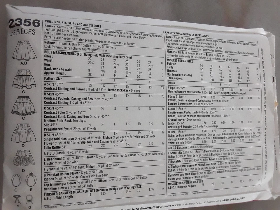 Simplicity Sewing Pattern 2356 Girls 3-8 Skirts & Headbands Good Used Condition - Image 4 of 4