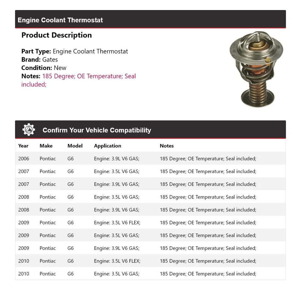 Termostato de refrigerante para motor Pontiac G6 2006-2010 puertas 2007 2008 2009 Foto 2 de 4