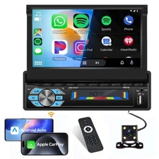 7" Single 1 DIN Car Radio Stereo Apple Carplay Bluetooth Flip Out MP5 Player+CAM
