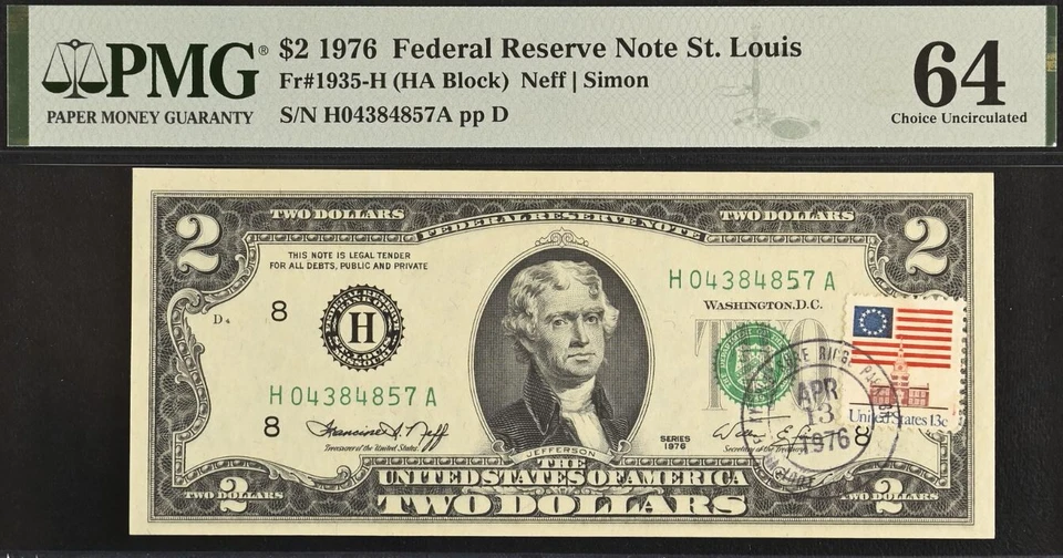 1976 $2 Federal Reserve Note PMG 64 - First Day Stamp Cancel - Ridge Park, KY - Image 2 of 3