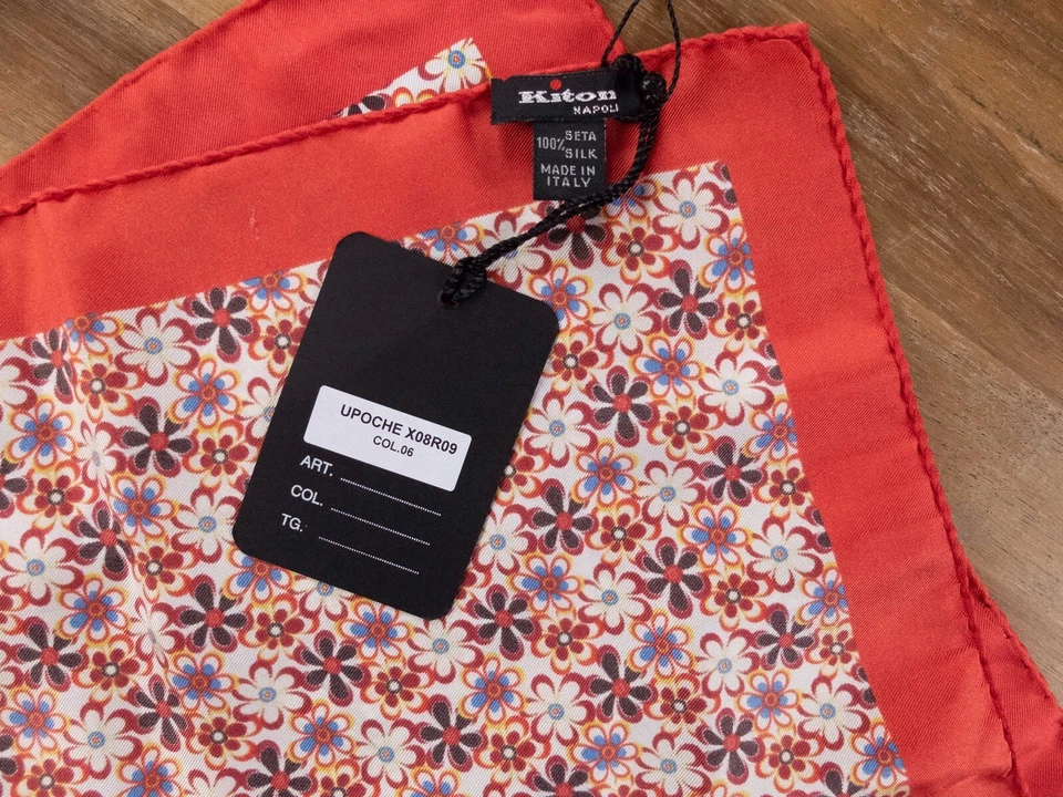 KITON Napoli красный ручной работы цветочный принт шелковый карман квадратный подлинный новый с Ярлыками - Изображение 3 из 3