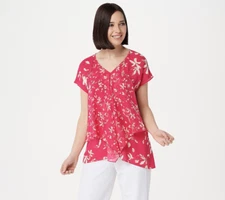  H by Halston Double Layer Mix Printed Woven Top-Raspberry-Reg 10 A353393 NEW